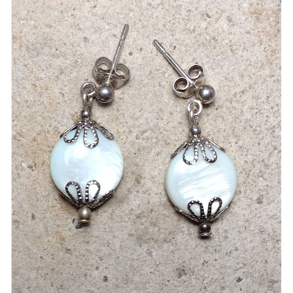Vintage Sterling and Coin Mother of Pearl Drop Earrings